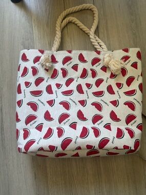 White & Red Watermelon Canvas Tote Bag with Rope Handles